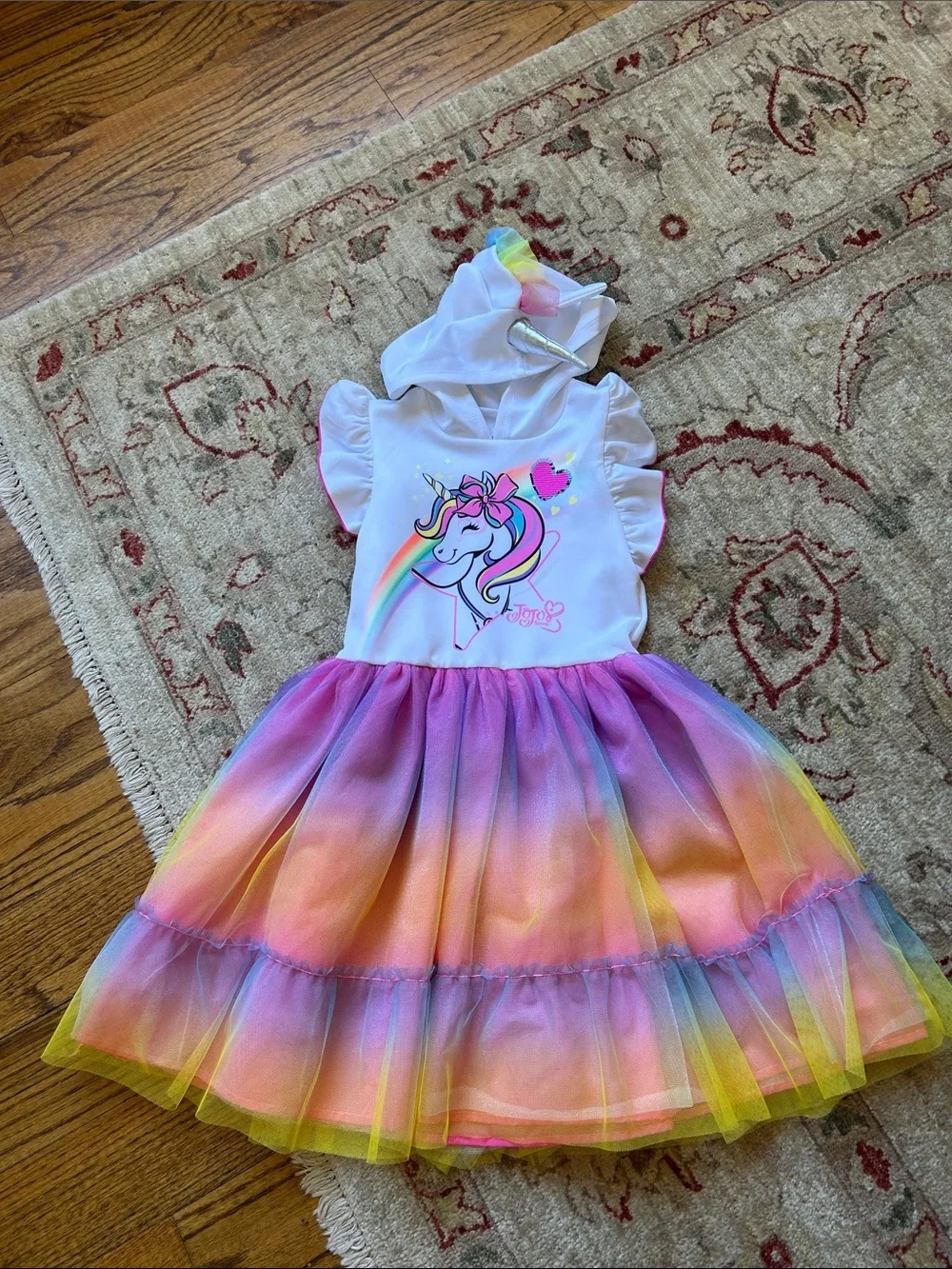 Nickelodeon Jojo Colorful Hooded Dress with multicolored layered tulle skirt.